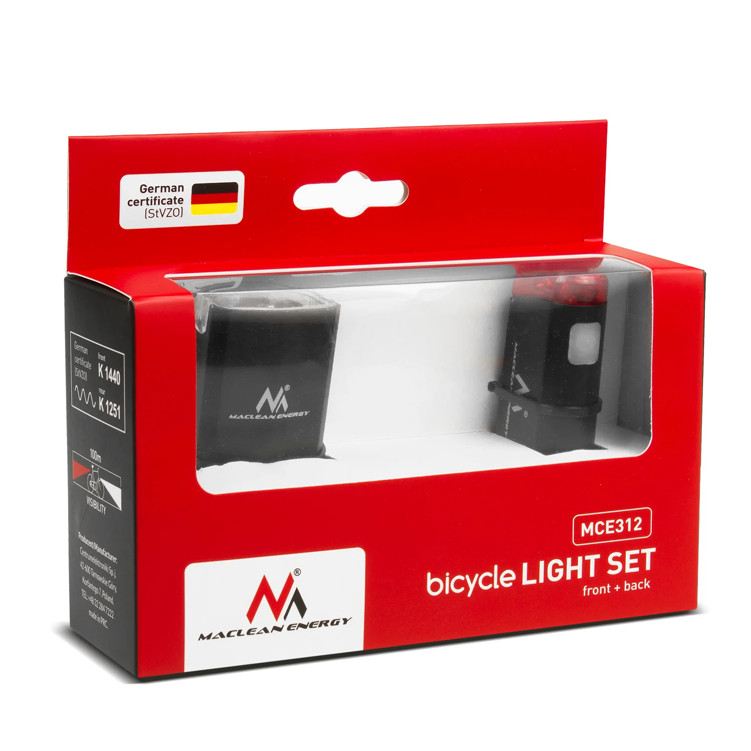 Iluminación LED para bicicleta en la parte delantera + trasera, la parte delantera tiene 2 modos de iluminación y una batería incorporada de 1500 mAh, la parte trasera 2xAAA con certificación DE (StVZO), Maclean Energy MCE312 - Image 9