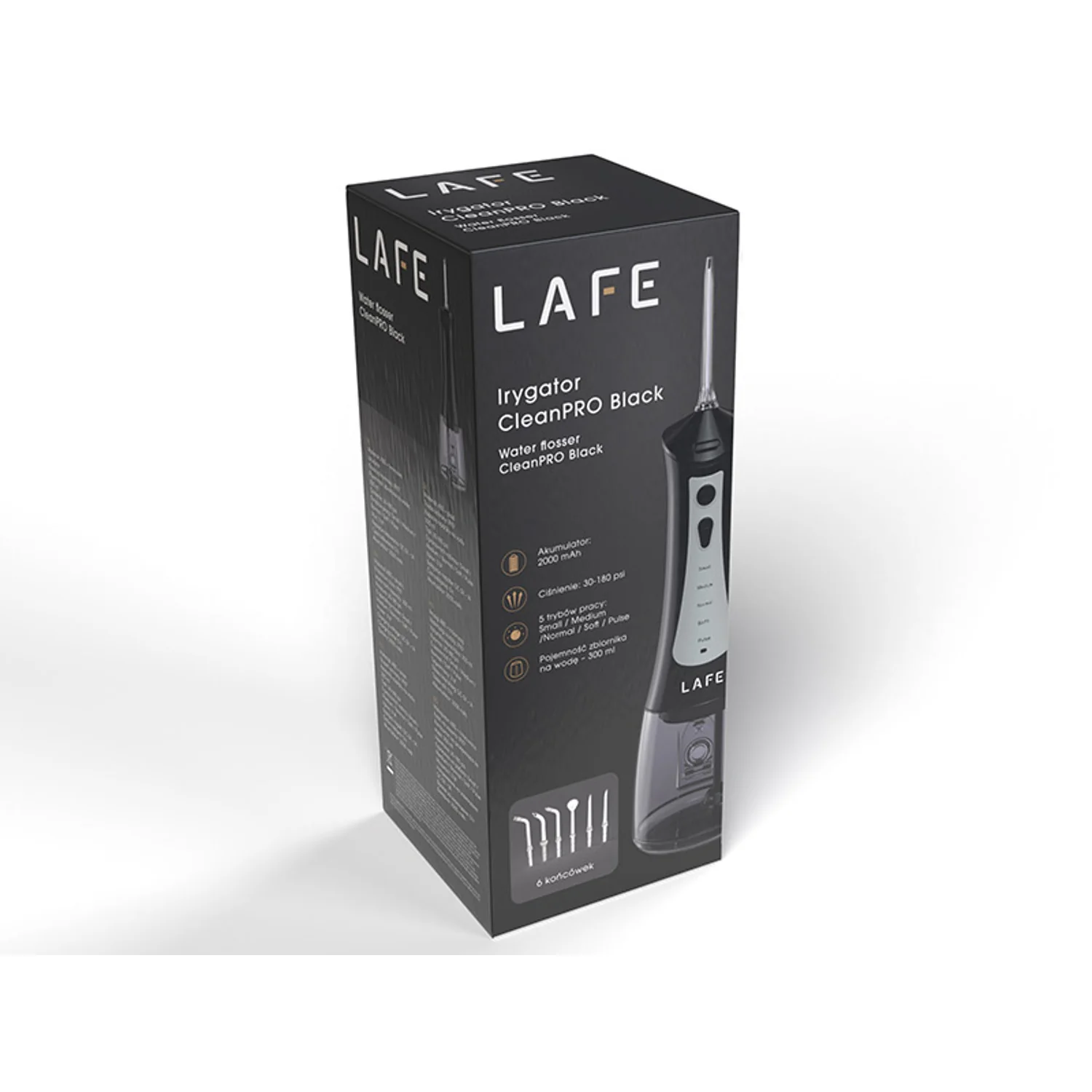 Irrigador Dental LAFE CleanPRO Negro – 5 Modos, 6 Boquillas, 300ml, IPX7, Batería 2000mAh, Portátil, Recargable USB - Image 9