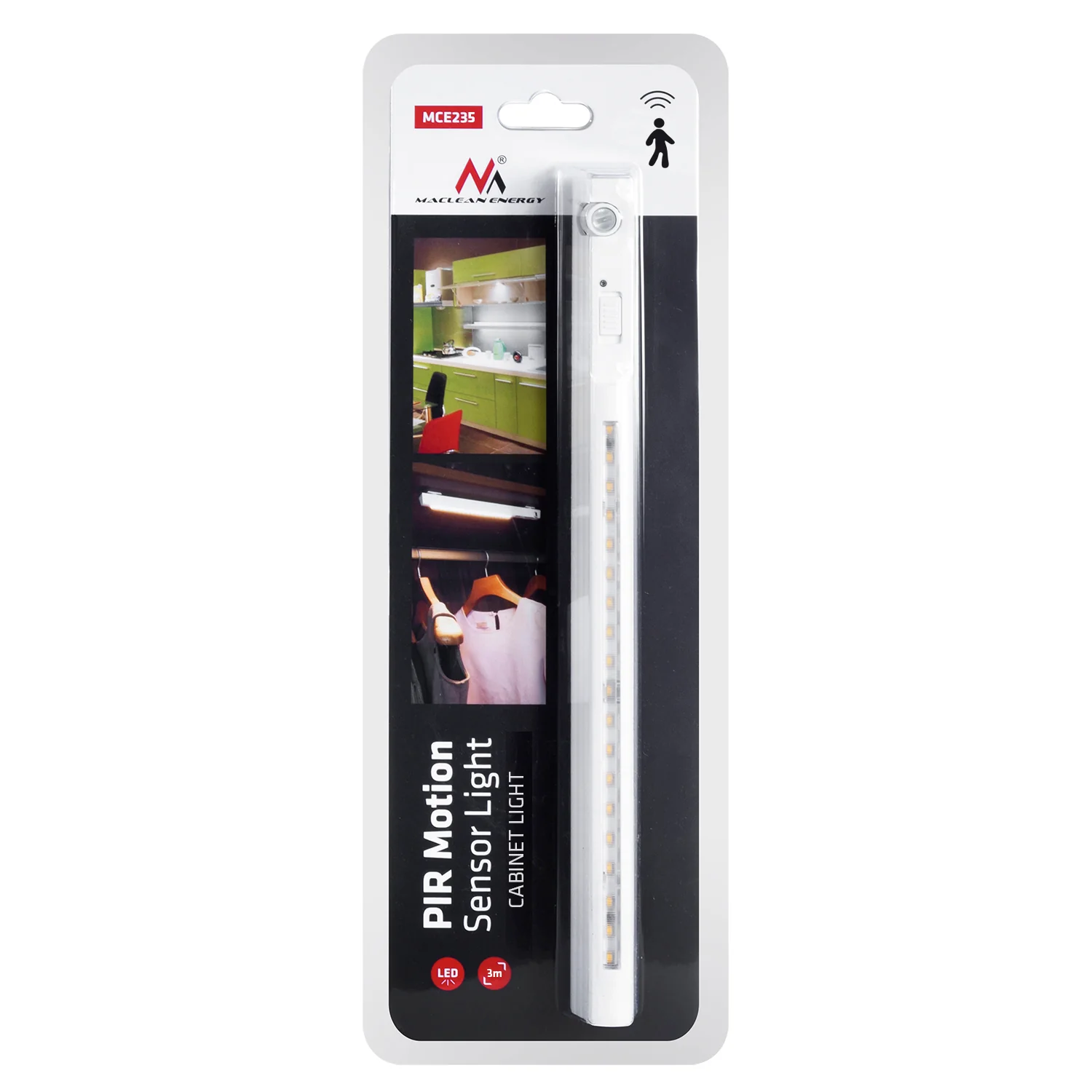 Maclean MCE235 Luz lámpara LED con detector de movimiento PIR para gabinete, cocina, dormitorio etc. cinta autoadhesiva 3M, alimentación: pilas 3xAAA (no incl.) - Image 3
