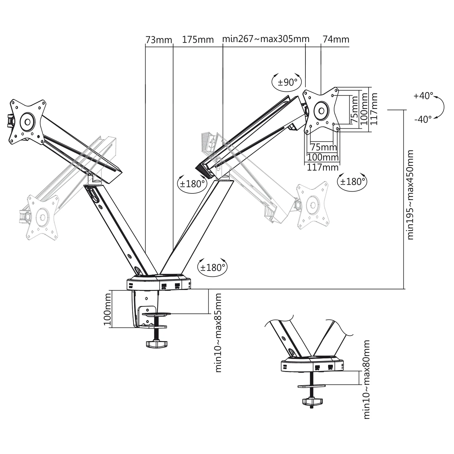 Soporte para juegos para 2 monitores LCD 17-32 " 2x 8kg max 16 kg VESA 75x75 y 100x100 NanoRS RS887 - Image 9